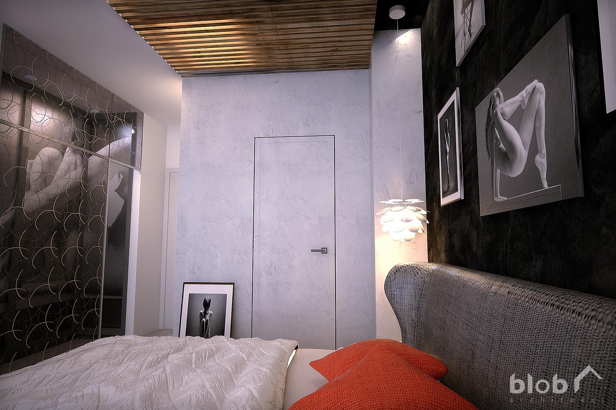 sypialnia z grafitową ścianą, Magdalena Lorek-Biela Blob architekci, homplexowe wnętrza