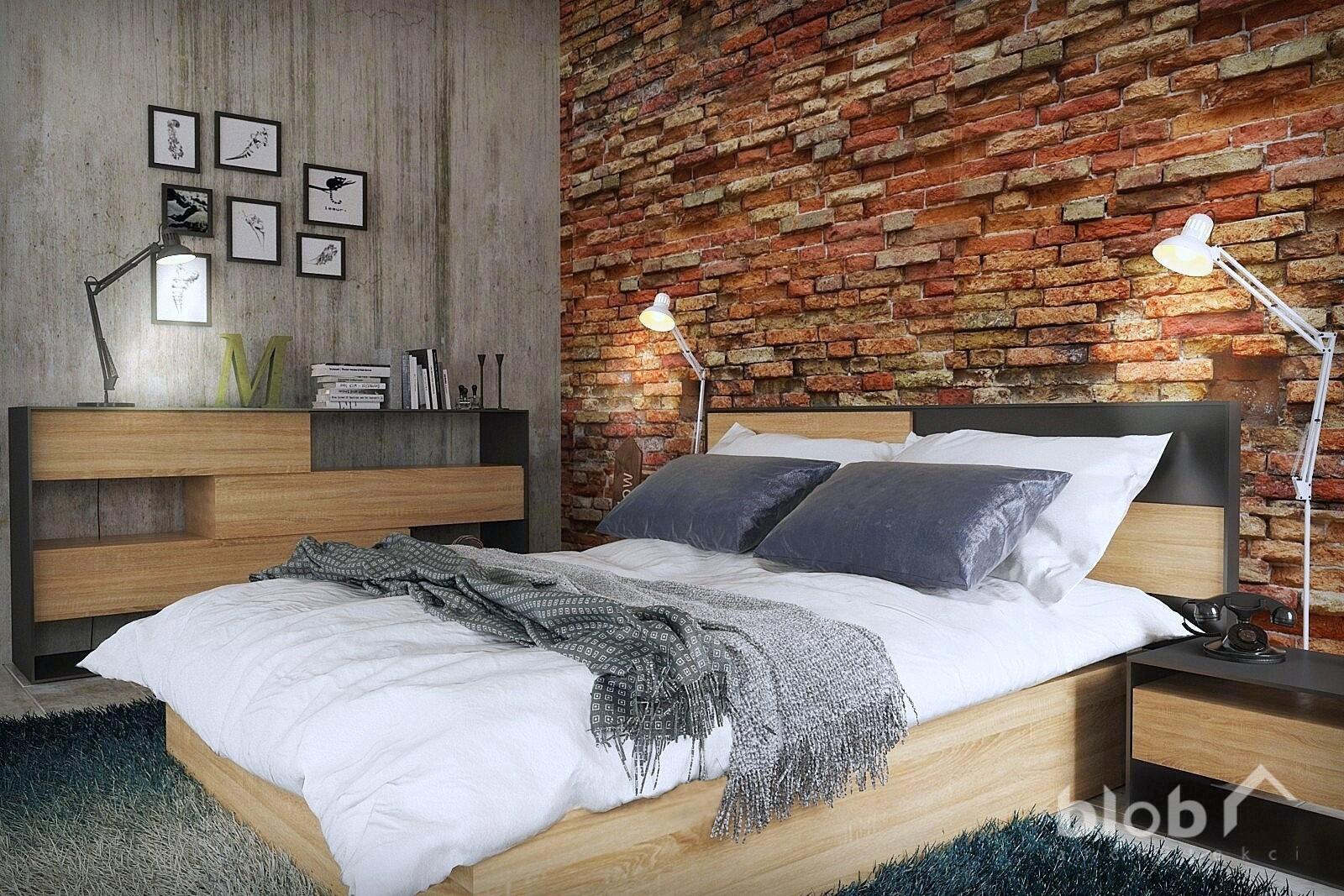 Projekt wnętrza sypialni z ceglaną ścianą, BLOB Architekci, nagroda w konkursie Maxliving, łożko
