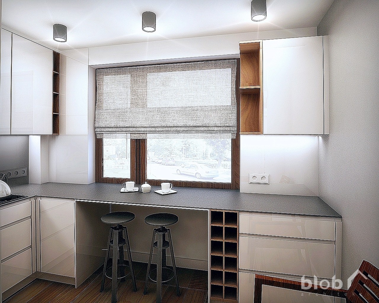 BLOB Architekci, projekt wnętrza mieszkania w Tarnowskich Górach, kuchnia biało czarna