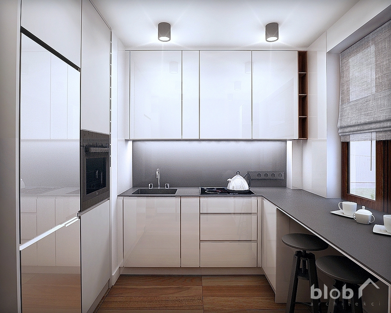 BLOB Architekci, projekt wnętrza mieszkania w Tarnowskich Górach, kuchnia biała