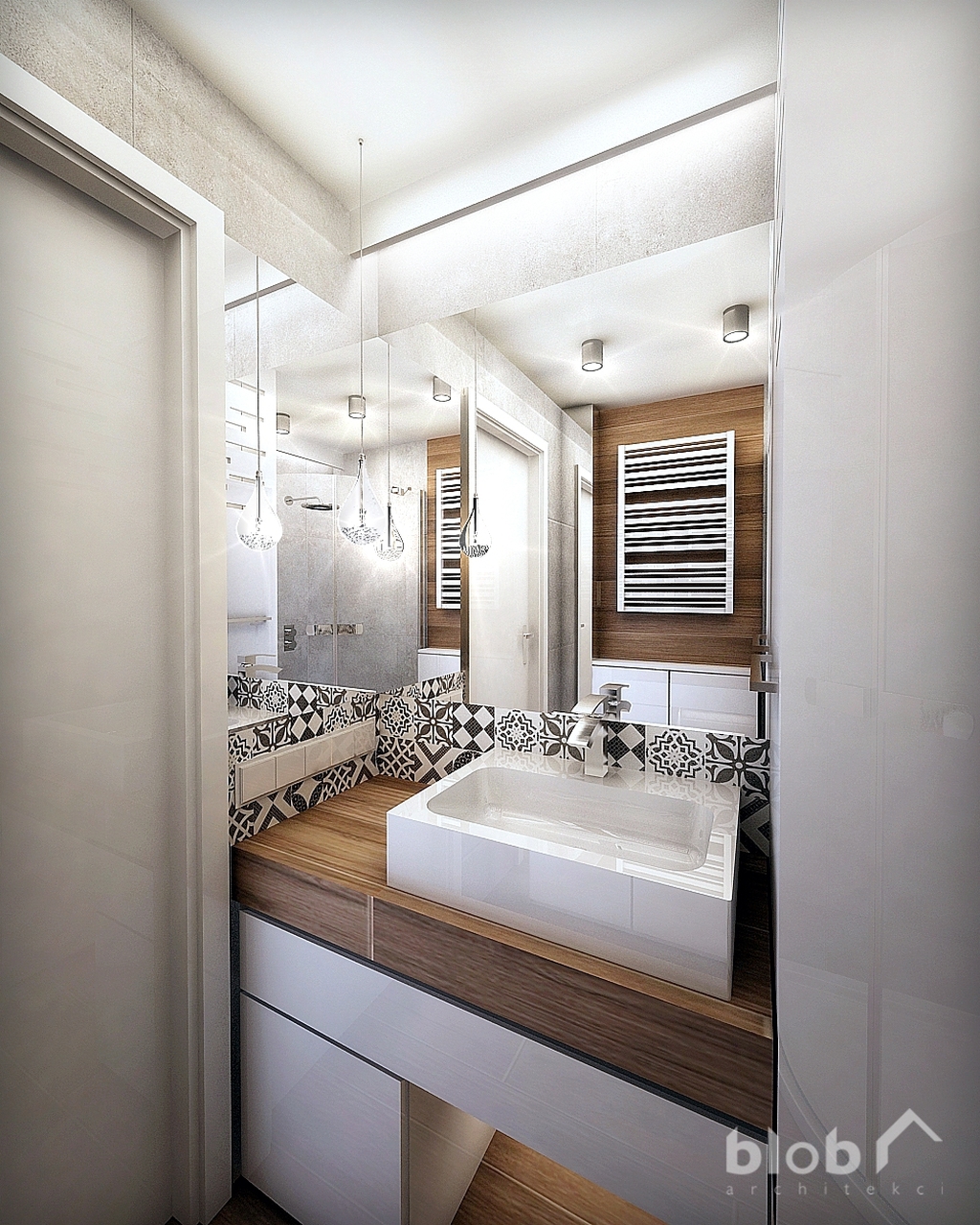 łazienka z blatem z płytek drewnopodobnych, BLOB Architekci, projekt wnętrza mieszkania w Tarnowskich Górach