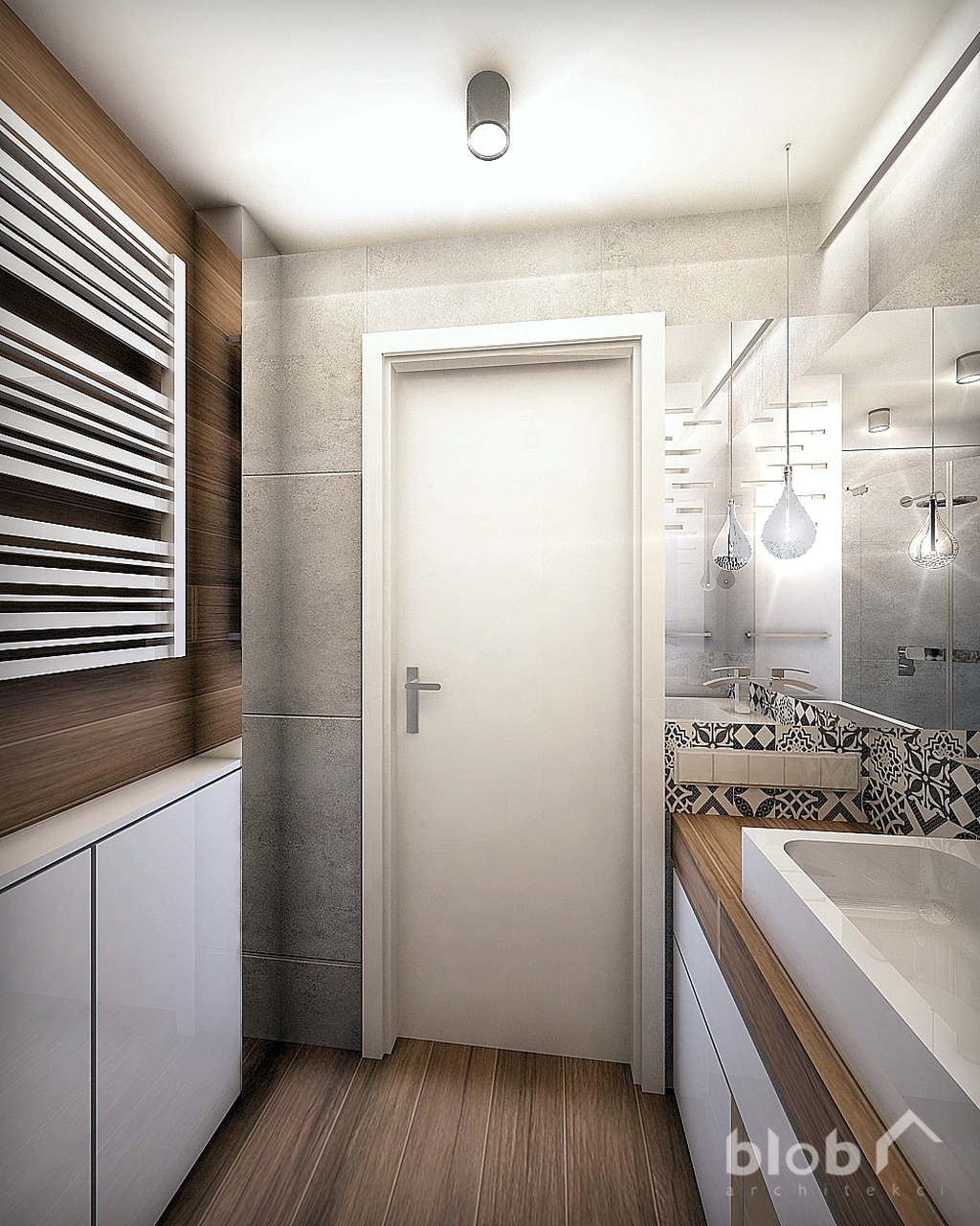 BLOB Architekci, projekt wnętrza mieszkania w Tarnowskich Górach, łazienka, białe drzwi