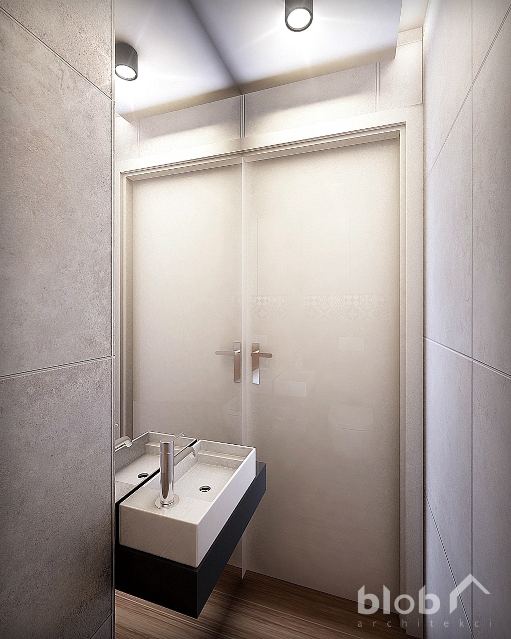 aranżacja małej łazienki, duże lustro, BLOB Architekci, projekt wnętrza mieszkania w Tarnowskich Górach