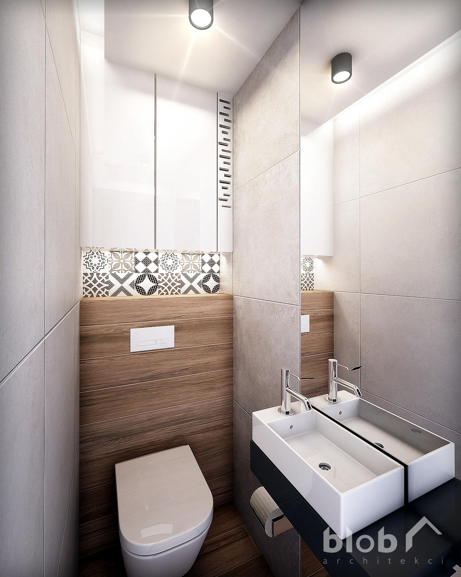 aranżacja małej łazienki, płytki czarno białe, duże lustro, BLOB Architekci, projekt wnętrza mieszkania w Tarnowskich Górach