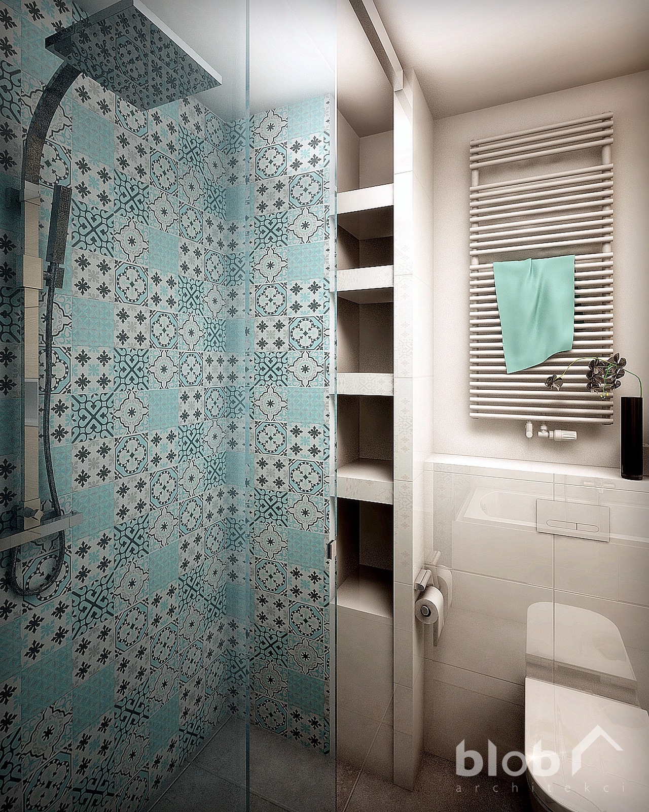 wnętrze łazienki w mieszkaniu w Krakowie, marokańska płytka, blob architekci