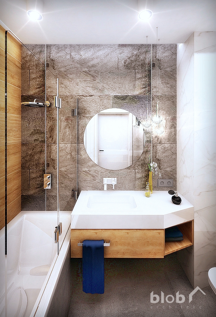 BLOB Architekci, wnętrze łazienki nowoczesnej z w mieszkaniu w Warszawie, płytki drewnopodobne, kamienne