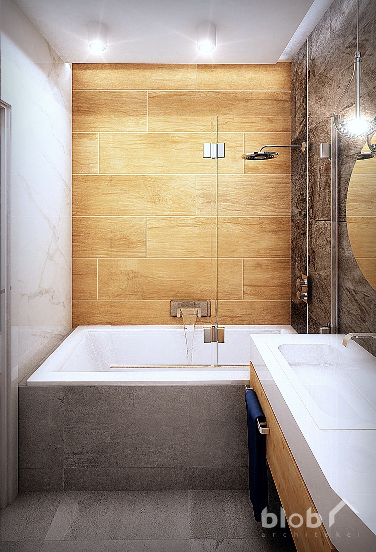 BLOB Architekci, wnętrze łazienki nowoczesnej z w mieszkaniu w Warszawie, płytki drewnopodobne, kamienne, wanna