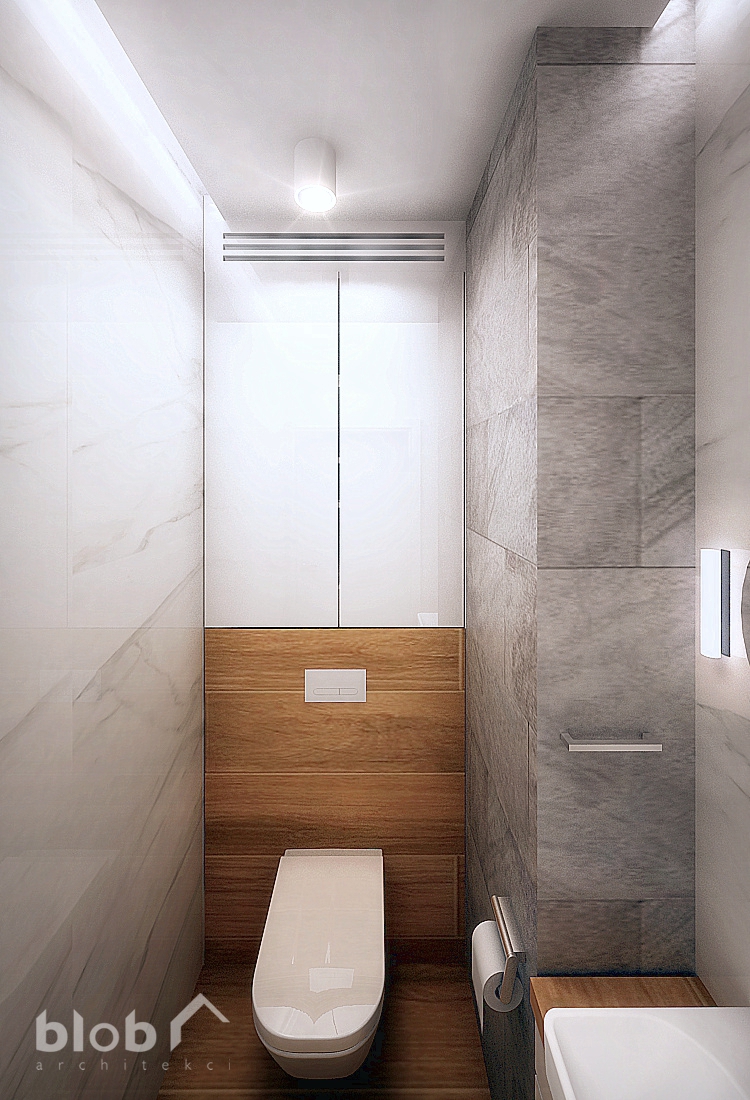 BLOB Architekci, wnętrze wc, toalety nowoczesnej z w mieszkaniu w Warszawie, płytki drewnopodobne, kamienne, wc