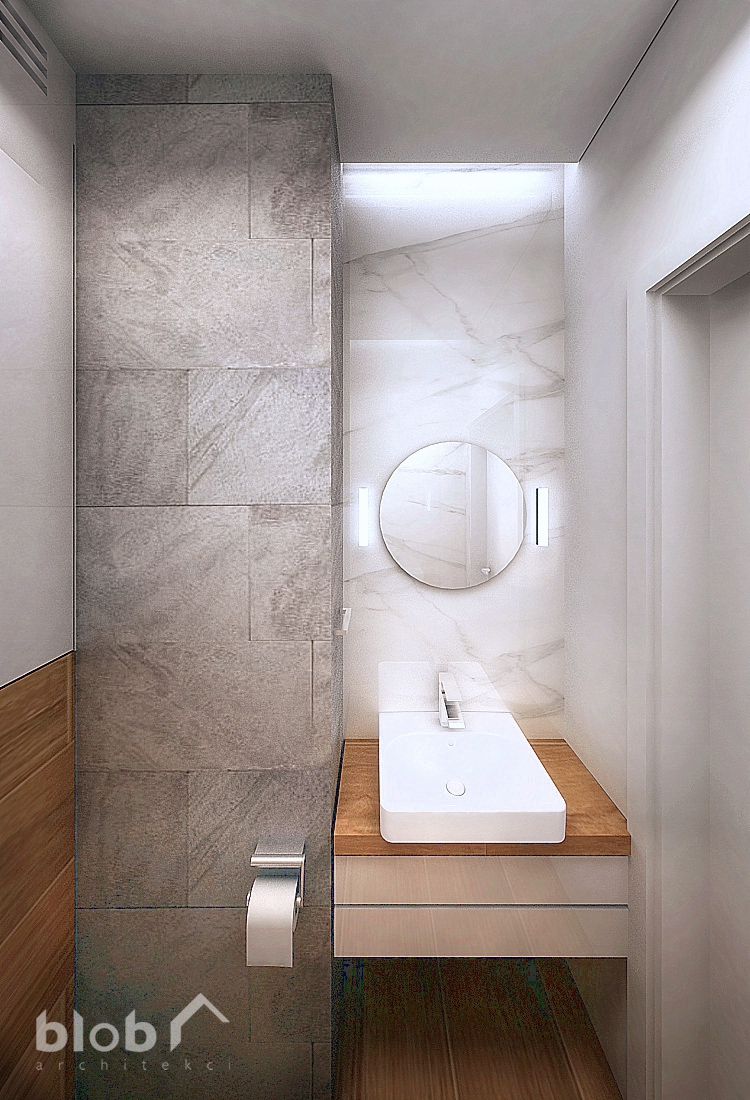 BLOB Architekci, wnętrze wc, toalety nowoczesnej z w mieszkaniu w Warszawie, płytki drewnopodobne, kamienne, umywalka