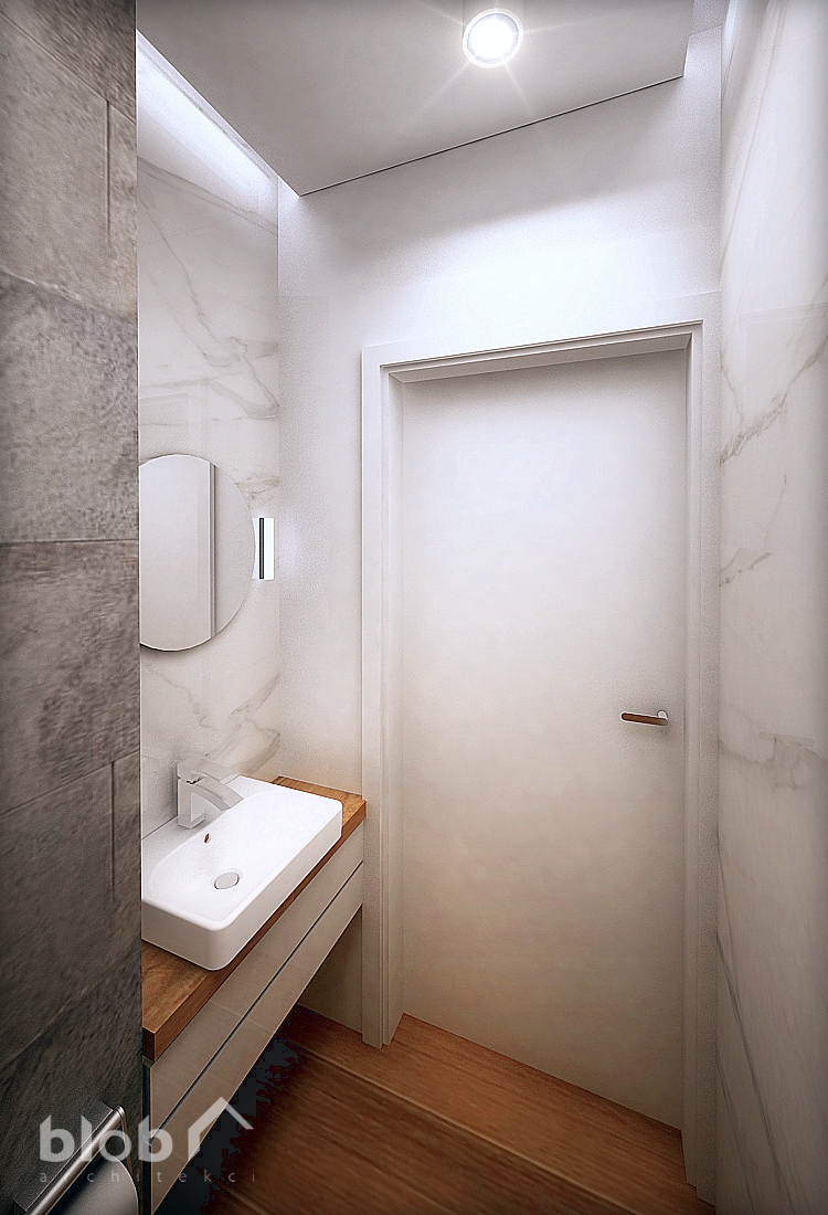BLOB Architekci, wnętrze wc, toalety nowoczesnej z w mieszkaniu w Warszawie, płytki drewnopodobne, kamienne